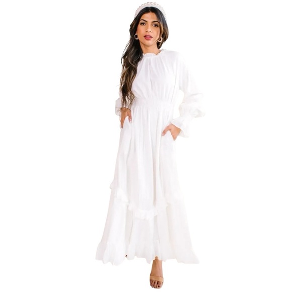 IVY CITY CO Noor Dress white Eyelet‎ Maxi Ruffles Long Sleeve Size L Festival - Picture 1 of 10
